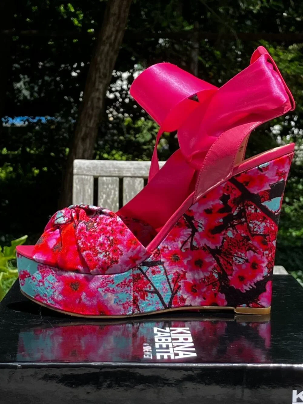 NWT🌺Cherry Blossom and Pink Satin Ribbon Platform Wedge Sandals